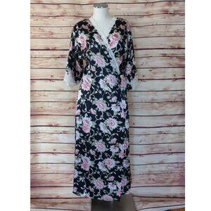 Vintage Sateen Black/Pink Floral Christian Dior Robe with Lace Trim